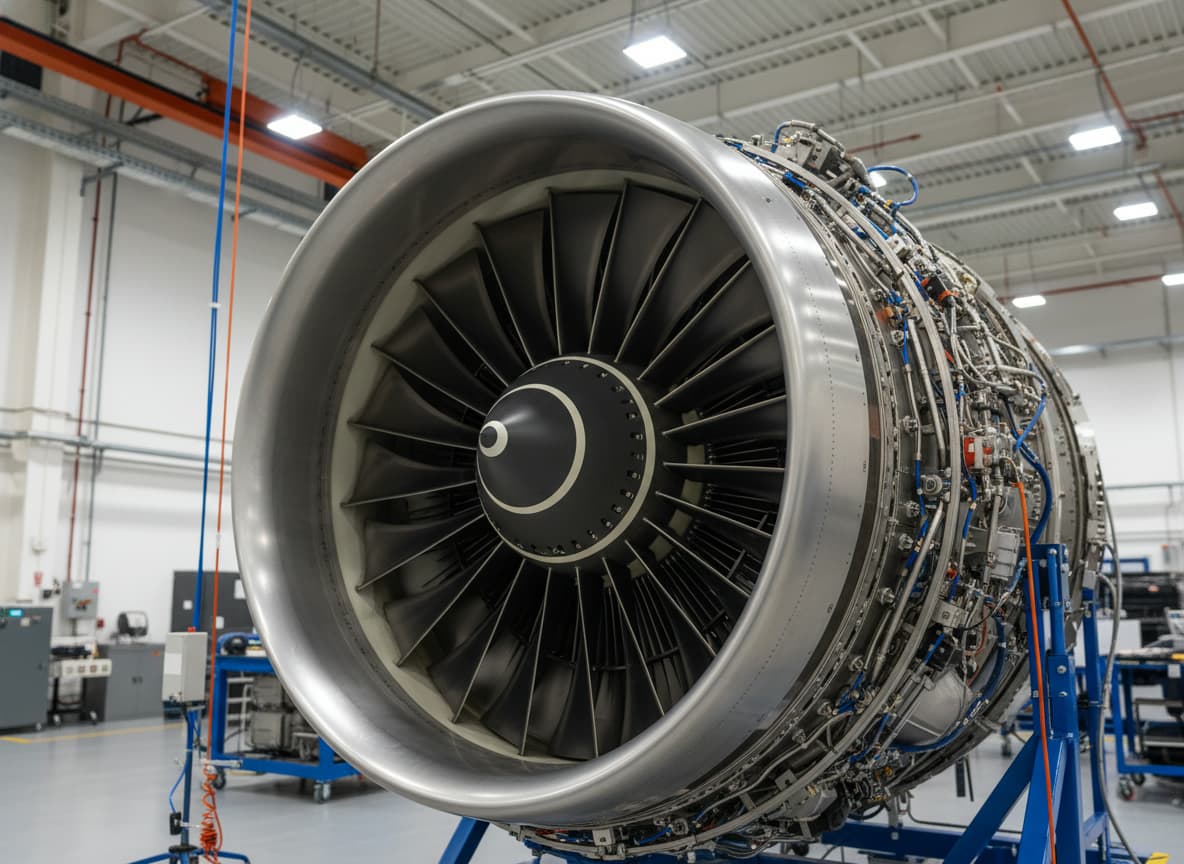 Détail technique d'un moteur d'avion avec composants visibles et maintenance