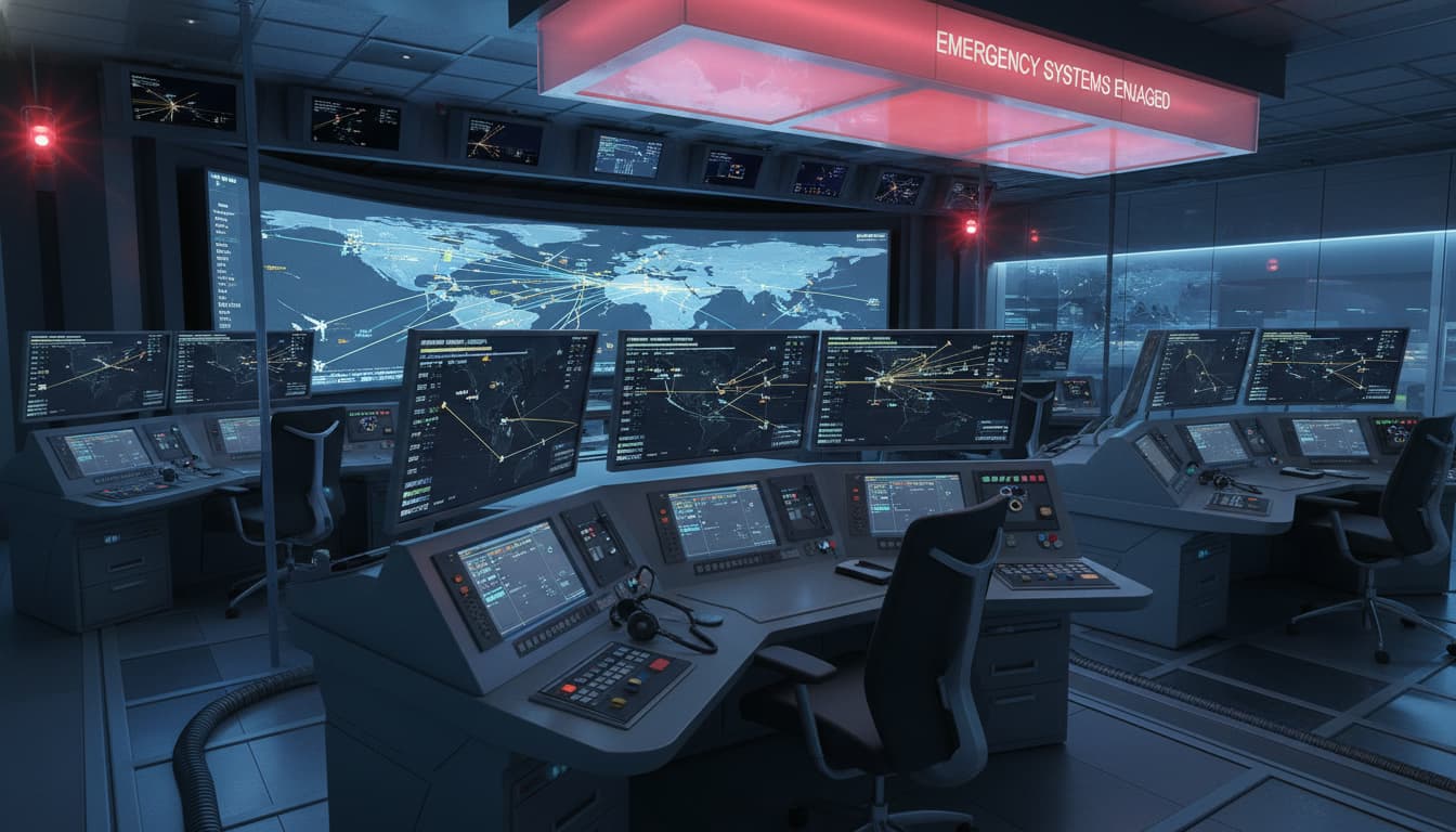 Salle de contrôle de trafic aérien avec équipement radar